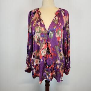 Hazel Watercolor Floral Silky Blouse Size XL Purple Pullover V-neck Wearable Art